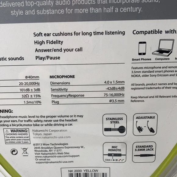 Nakamichi Amplified Stereo Headphones Wired Mic Remote Green Adjustable NWT - Picture 10 of 16